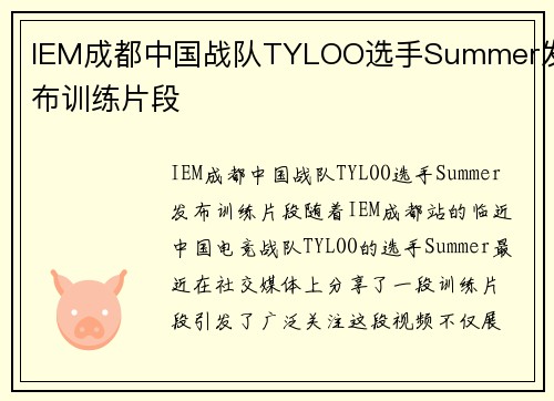 IEM成都中国战队TYLOO选手Summer发布训练片段